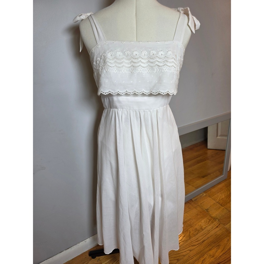 Lanz Original Vintage White Eyelet Lace Midi Dress Tie Strap Cottagecore Boho